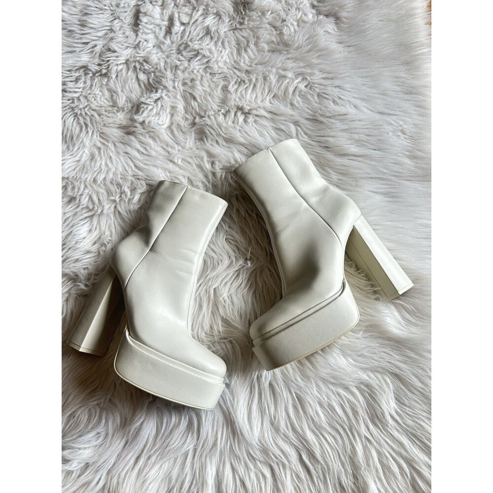 Zara 39 Faux Leather Platform Ankle Boots Beige Chunky Heel Gogo Boots Festival